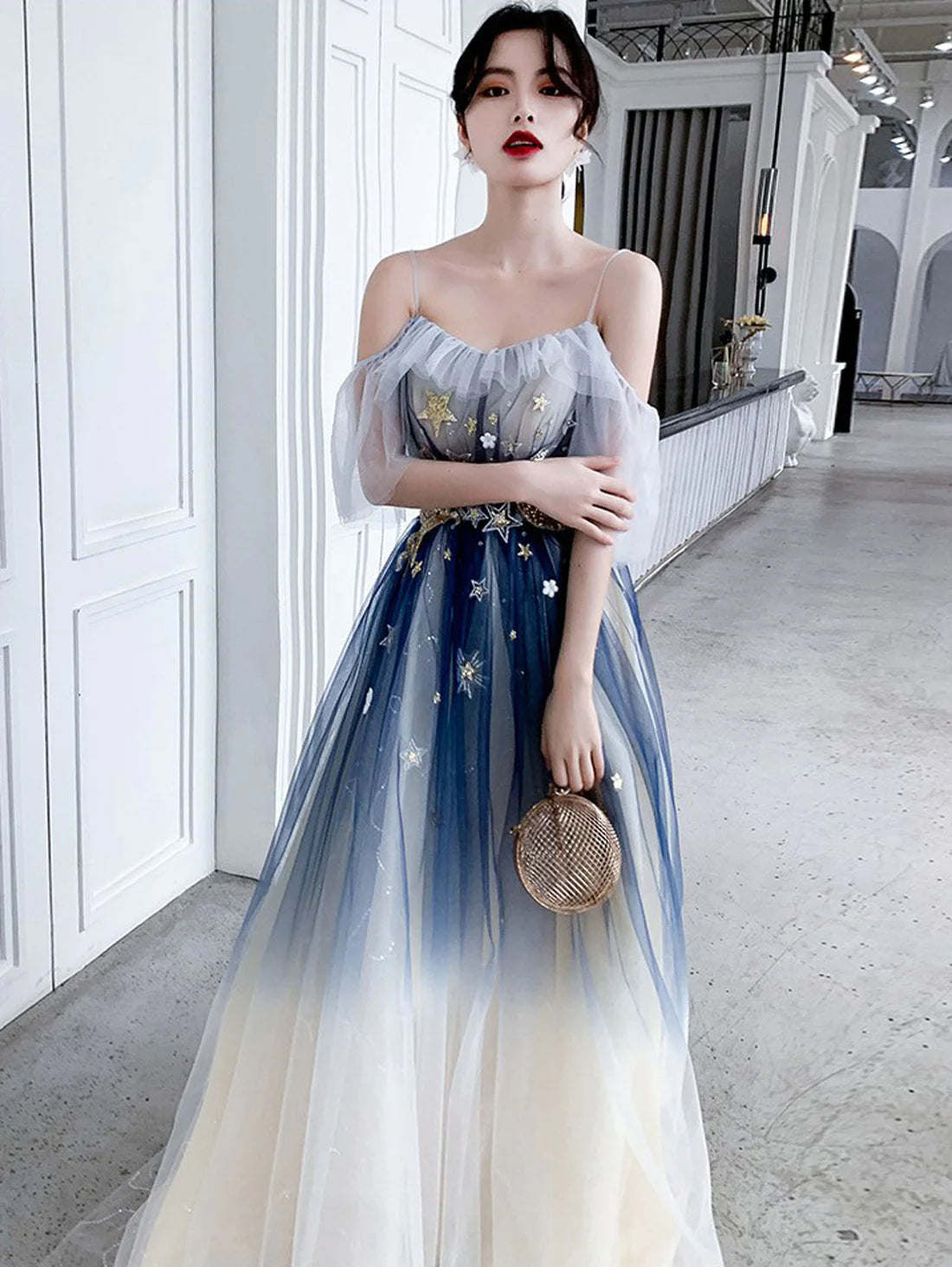 Blue Aline tulle long prom dress blue tulle formal dress     fg4007