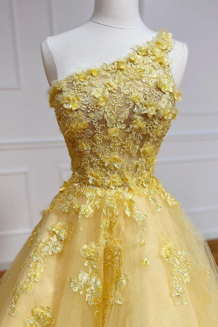 Yellow Lace One Shoulder Evening Dress, A-Line Tulle Long Prom Dress    fg3197