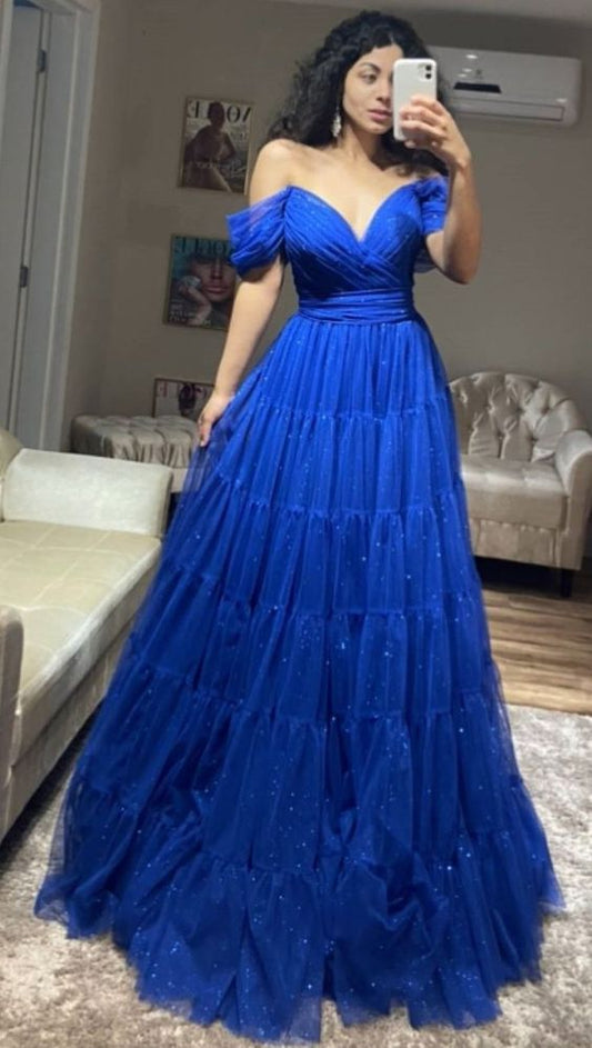 A-line Royal Blue Tulle Long Formal Evening Dress      fg3022