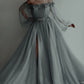 Gray Evening Dress, Off The Shoulder Prom Vintage Dress     fg2958