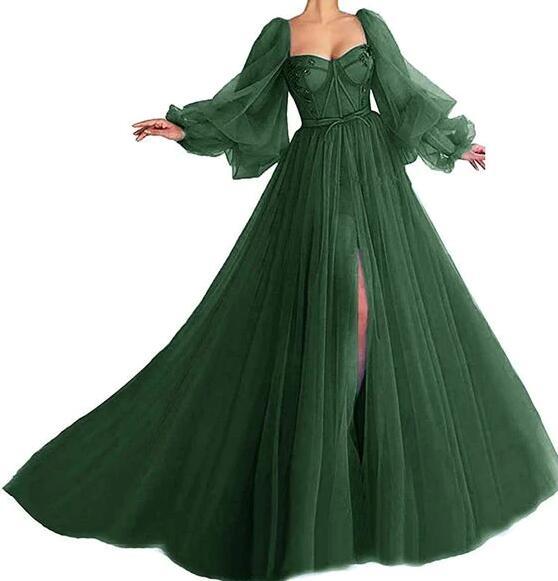 Vintage Tulle Puffy Sleeve Prom Evening Dress with Split      fg2972