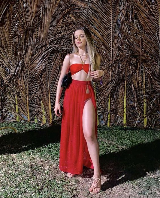 Elegant Two Piece Red Prom Dress Long Evening Dress    fg2648