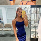 Royal Blue Satin Halter Homecoming Dress Short Dress     fg3050