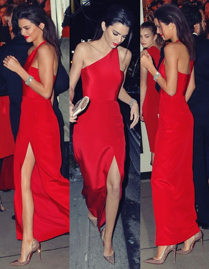 One Shoulder Red Side Slit Prom Dresses Evening Formal Gowns     fg3062
