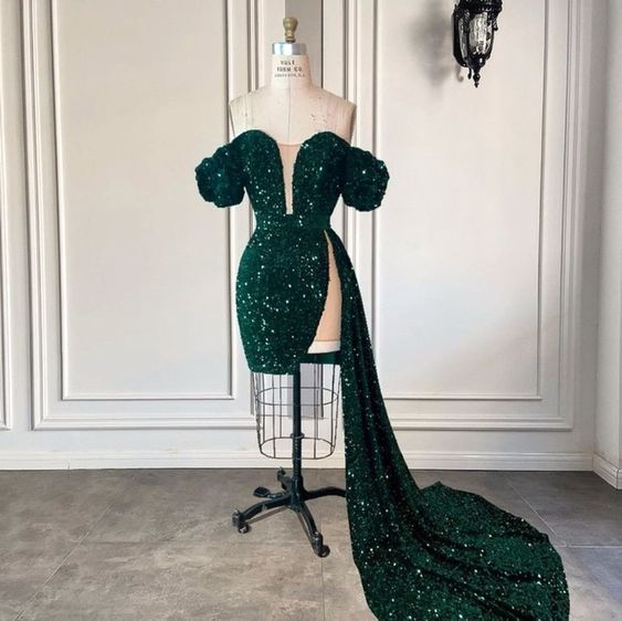 Green sequins short party dress, birthday dress with train     fg2939
