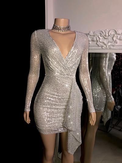Silver Sequin Short Party Dress,Cocktail Dresses    fg3100
