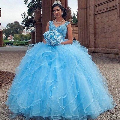 Gorgeous Blue V-neck Appliques Quinceanera Dresses | Layered Beadings Ball Gown     fg2597