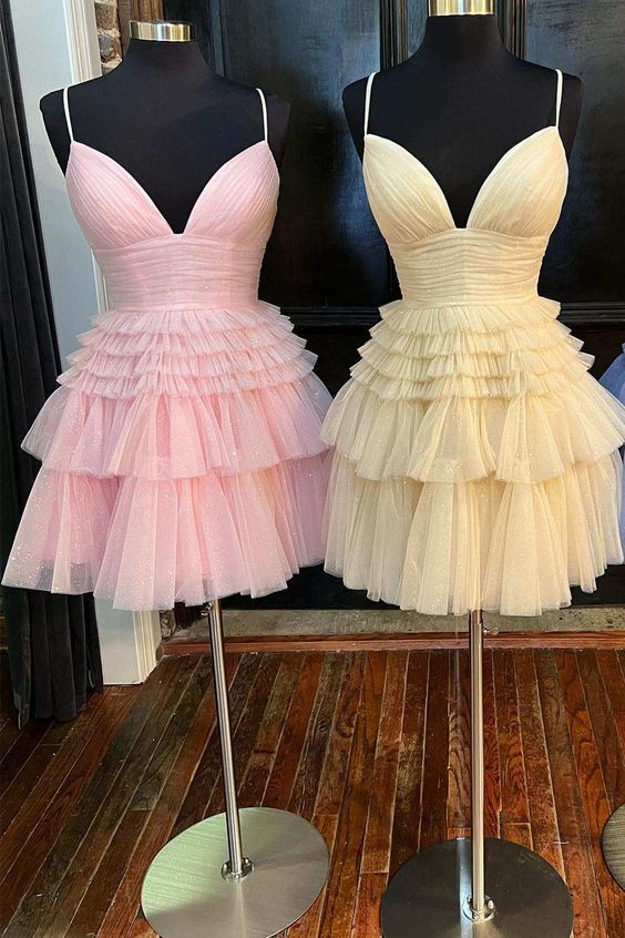a-line v-neck multi-tiered short party dress,light pink cocktail dresses   fg1530