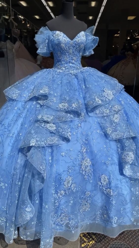 Off Shoulder Blue Quinceañera Dress Party Ball Gown     fg2475