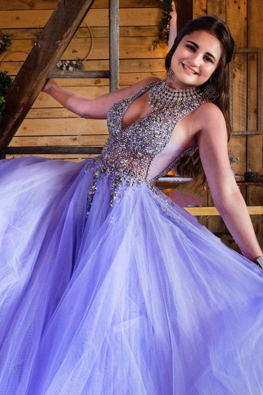 stunning beaded purple tulle long prom dress     fg1827