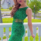 Green Two Piece Sequined One Shoulder Long Party Dress with Tassel    fg1531