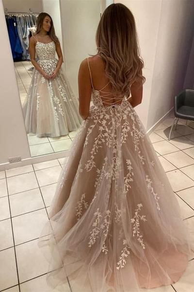 A Line Backless Lace Long Champagne Prom Dress, Backless Lace Champagne Formal Dress, Champagne Lace Evening Dress    fg1461