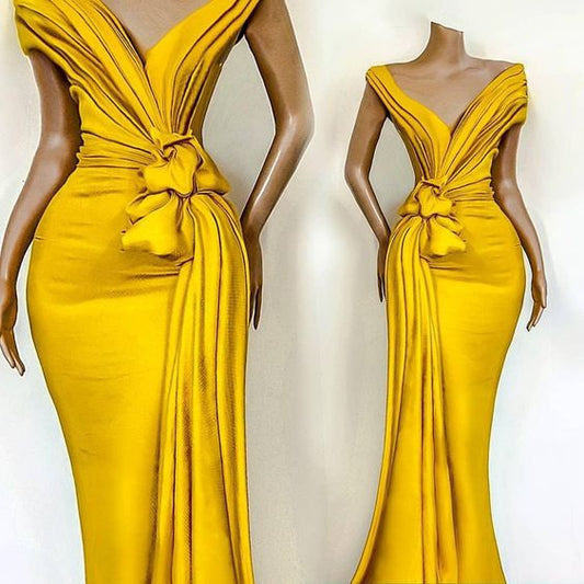 African Yellow Prom Dresses With Pleats Knoted Deep V Neck Mermaid Evening Dress Formal Celebrity Party Gowns     fg2291