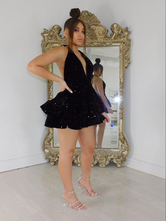 Sexy Black Sparking Short Cocktail Dresses Back Open Tiered Sequin Graduation Gown Parties Night     fg2932
