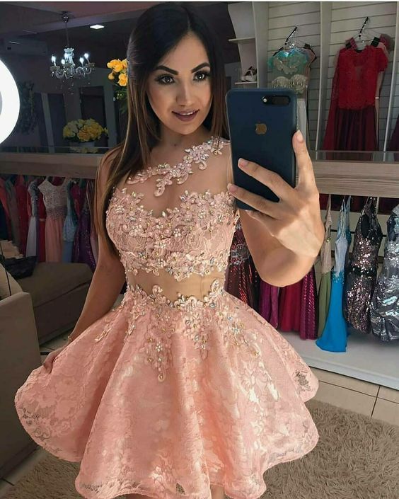 Pink lace short homecoming dress      fg1075