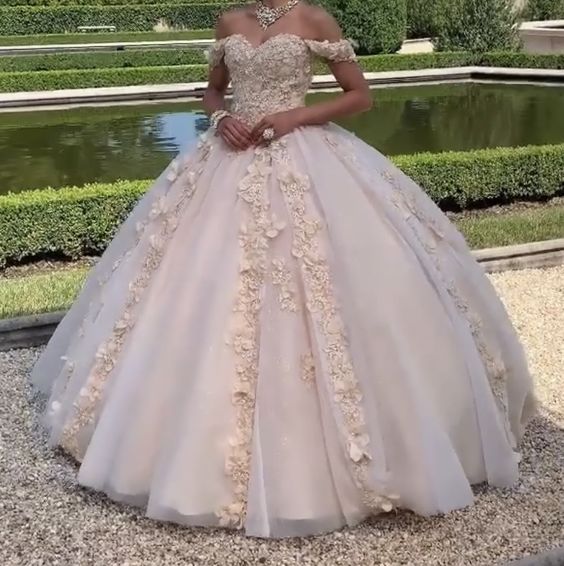 Stunning Off The Shoulder 3D Floral Flower Patterned Ball Gown Quinceanera Dresses Sweet 16 Prom Dress    fg1519