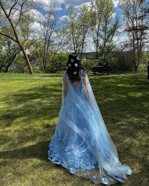 Sweet Sparkly V Neck Blue Tulle Prom Dresses with 3D Flowers    fg2366