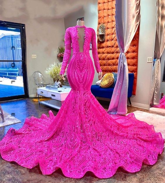 Pink Lace Sexy Fitted Mermaid Style Long Sleeve High Neck African Black Girls Long Prom Dresses    fg1611