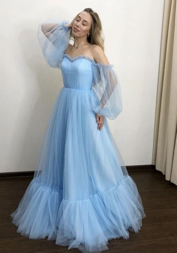 Blue tulle long prom dress A line evening dress     fg1581