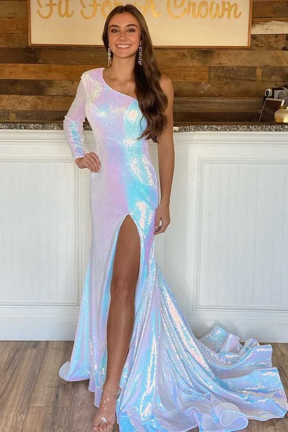 Rainbow Sequin One-Shoulder Mermaid Long Prom Dress with Side Slit     fg2427