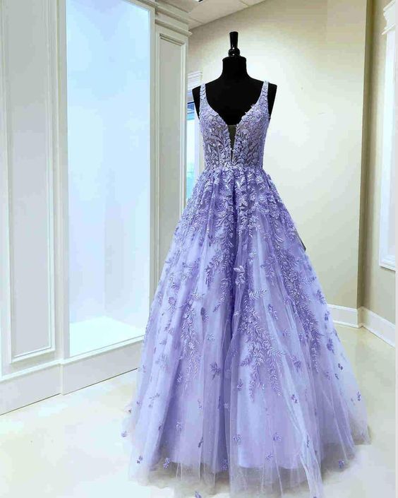 Gorgeous V-Neck Embroidery Lavender Long Prom Dress     fg1021