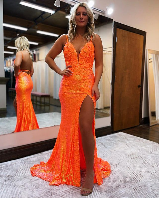 Fashion Mermaid V Neck Orange Sequins Long Prom Dresses with Slit    fg1259