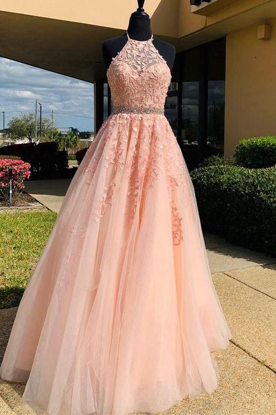 halter A-line pink tulle and lace appliques long prom dress    fg1096