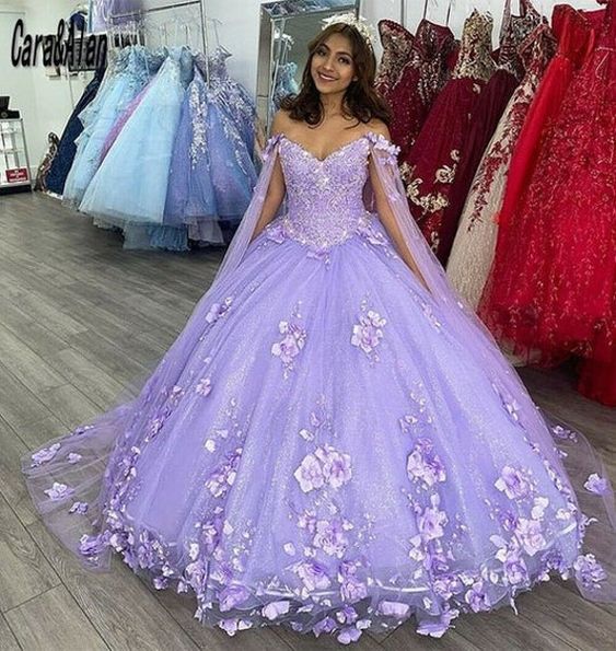 Light Purple Quinceanera Dresses With Cape 3D Floral Applique Ball Gown Sweet 16 Prom Gowns    fg2510
