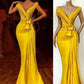 African Yellow Prom Dresses With Pleats Knoted Deep V Neck Mermaid Evening Dress Formal Celebrity Party Gowns     fg2291