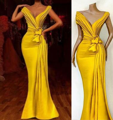 African Yellow Prom Dresses With Pleats Knoted Deep V Neck Mermaid Evening Dress Formal Celebrity Party Gowns     fg2291