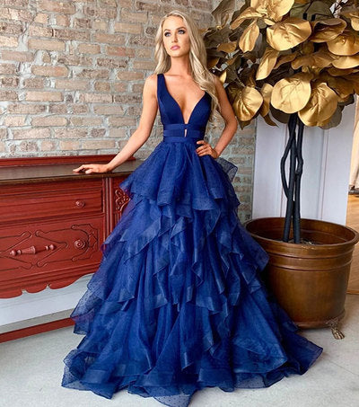 Blue v neck tulle long prom dress, blue evening dress   fg2502