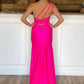 Hot Pink One Shoulder Satin Formal Dress with Slit      fg3242