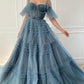 Dusty Blue Tulle Ruffled Gown, Long Tulle Prom Dress, Tiered Skirt Dress     fg3271
