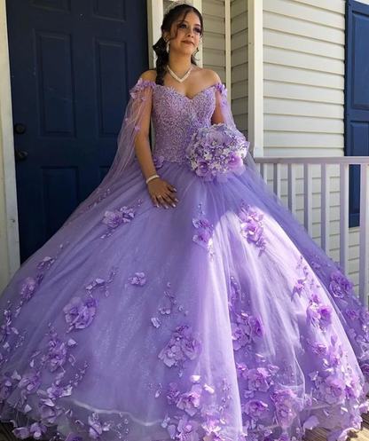 Handmade Flower Princess Ball Gown Quinceańera Dress With Cape Off The Shoulder Lace Vestido De 15 Anos Sweet 16 Dress   fg1001