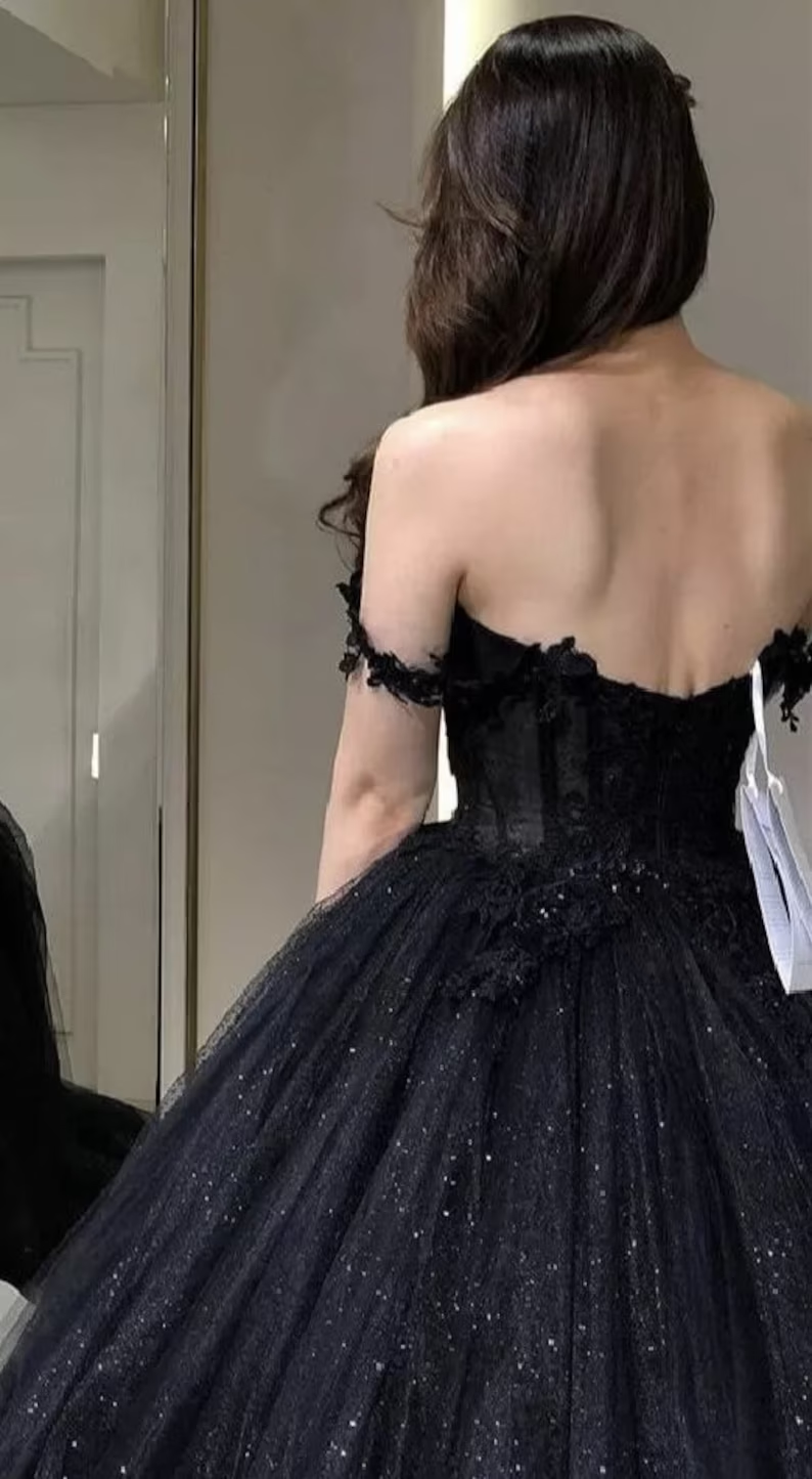 Lace Applique Tulle Dress, Black Glitter Wedding Dress, 3D Flowers Long Evening Gown     fg2942