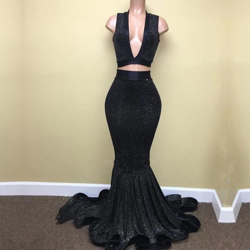 Sexy Mermaid Black V Neck Two Pieces Sequence Long Prom Dresses      fg1885