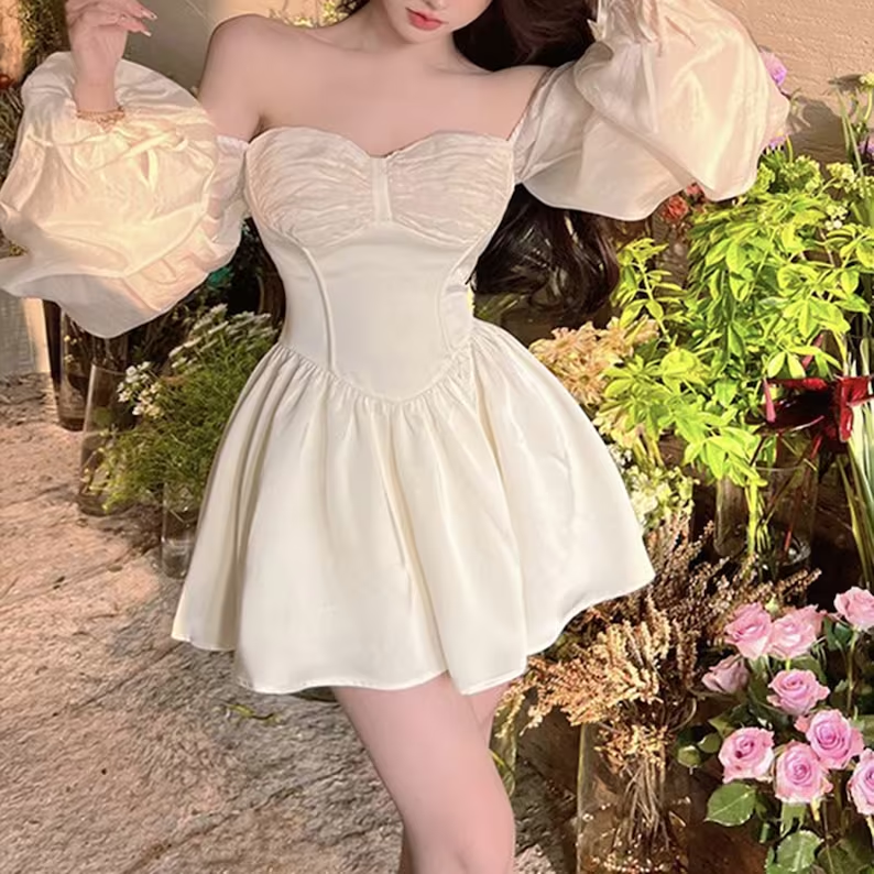 Puff Sleeve Mini Dress,French Fairy Dress Homecoming Dress    fg2747
