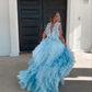 Light Sky Blue Tulle Princess Ruffle Straps With Tiered Long Prom Dress    fg3101