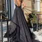 Shiny Tulle V Neck Open Back Black Long Prom Dresses with High Slit, Sparkly Black Tulle Formal Graduation Evening Dresses     fg3076