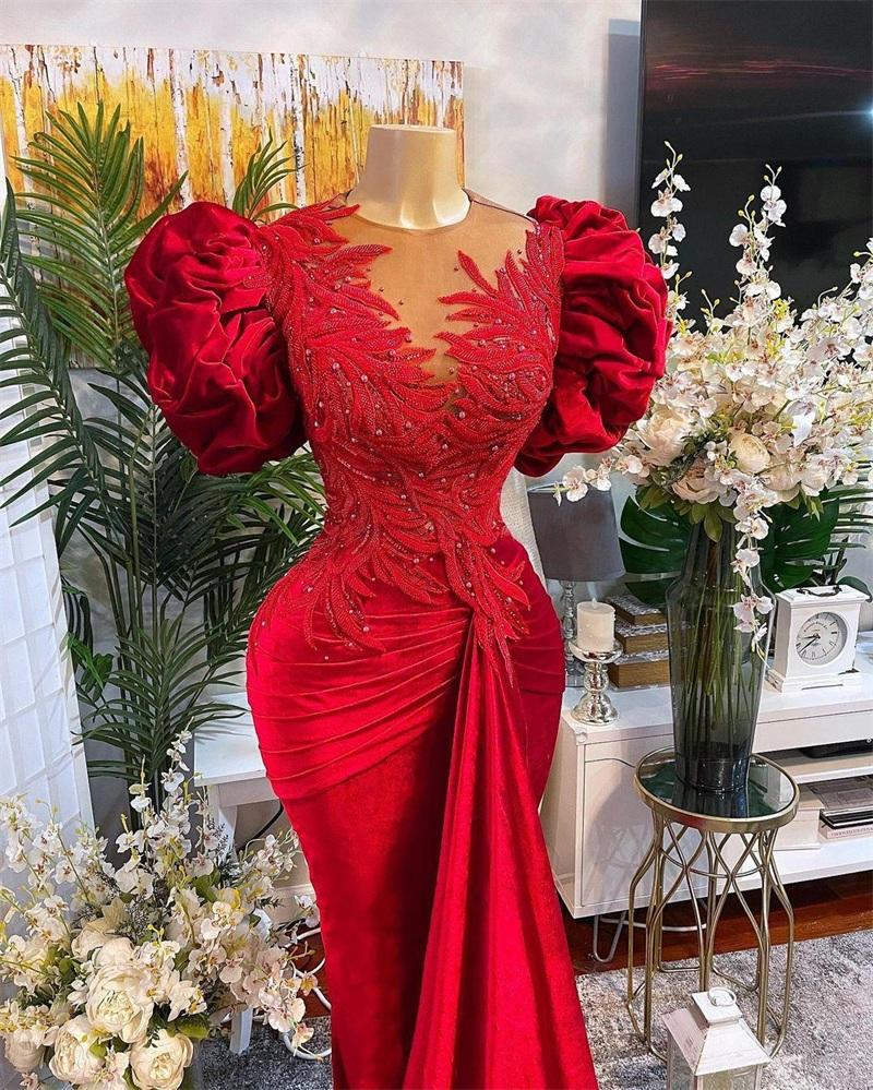 Luxury Red Mermaid Prom Dresses Lace Beaded Sheer Neck Velvet Evening Dress Formal Party Wear      fg1847