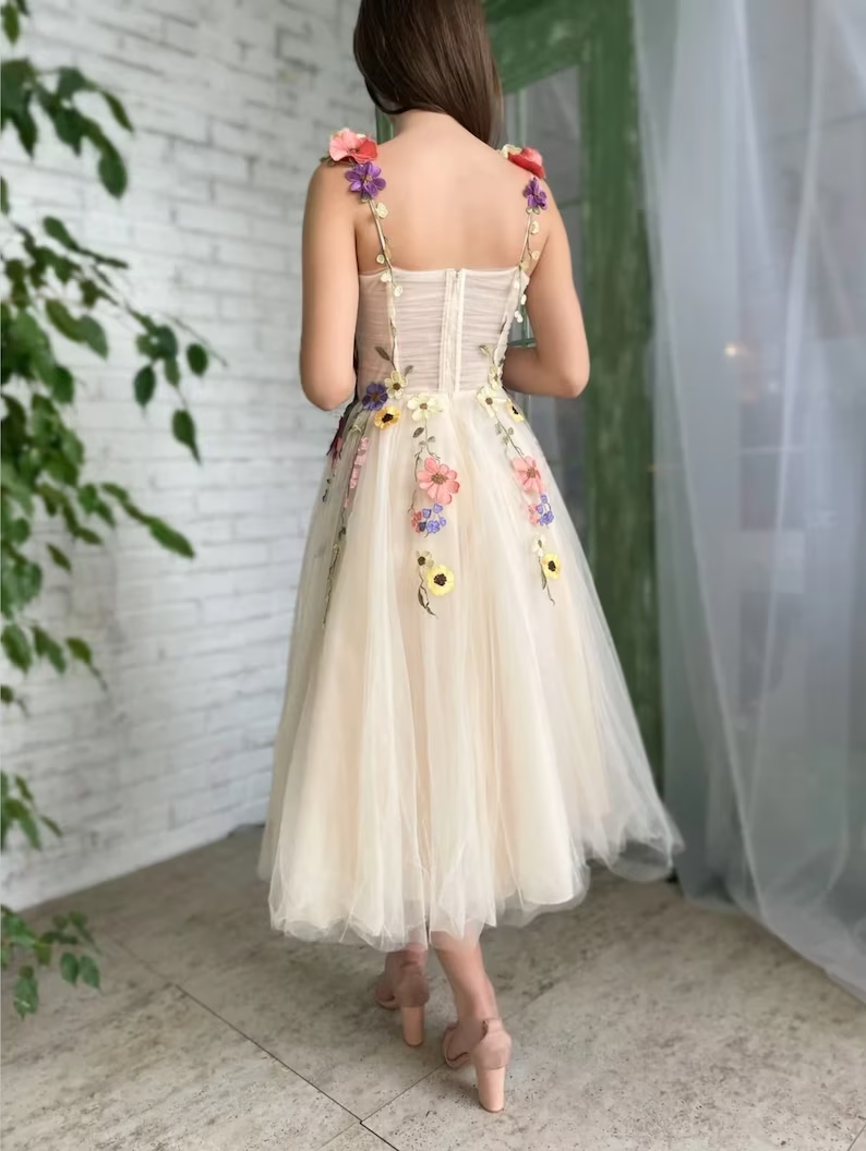 Light Champagne Ankle-Length Evening Gowns Colorful Pattern Appliques Formal Party Dresses 3D Flowers Straps Prom Dress   fg251