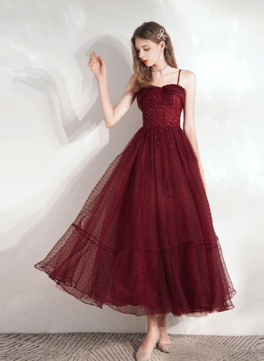 Burgundy sweetheart tulle tea length prom dress       fg2804