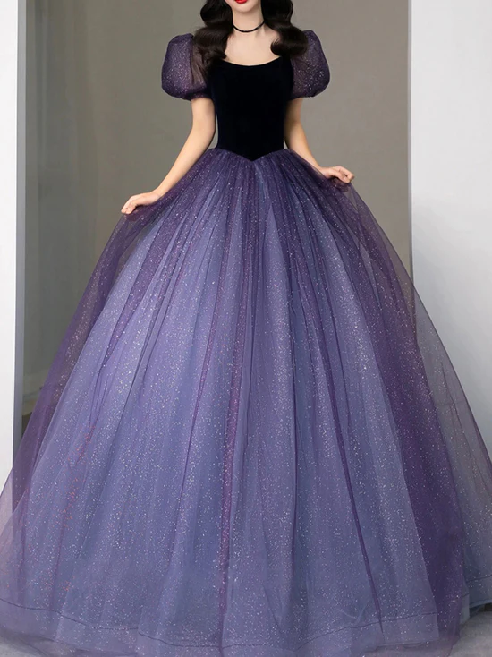 Purple tulle sequin long prom dress, purple evening dress     fg2381