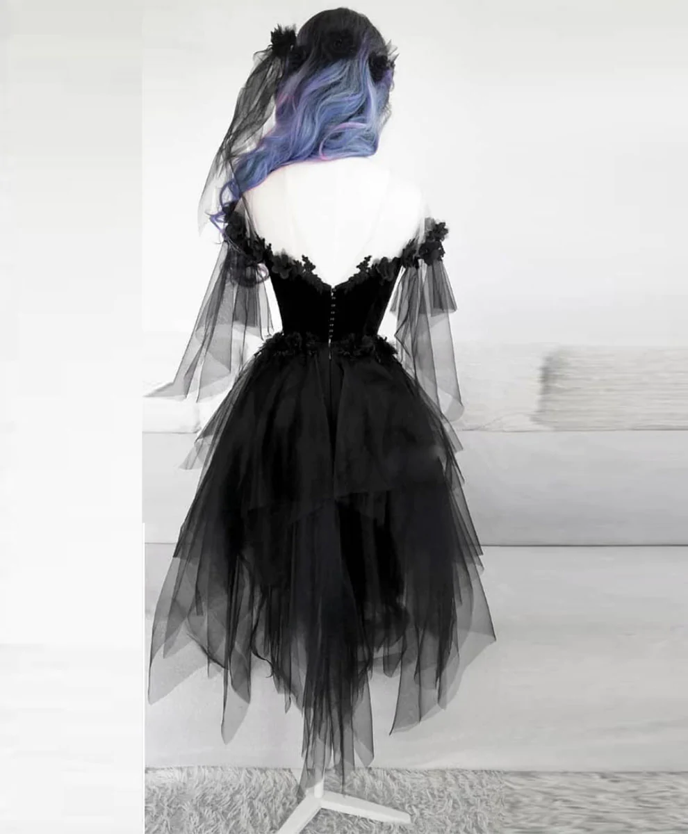 Black tulle lace short prom dress black lace cocktail dress    fg1882