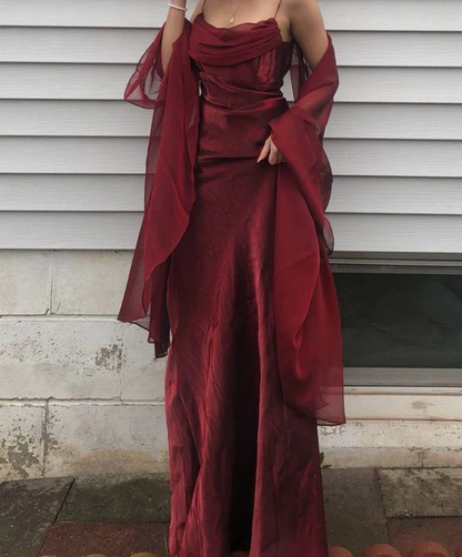 Spaghettiträger Einfaches Burgunder Langes Ballkleid fg1794