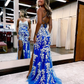 Cute Mermaid V Neck Blue Tulle White Lace Long Prom Dresses with Slit        fg2354