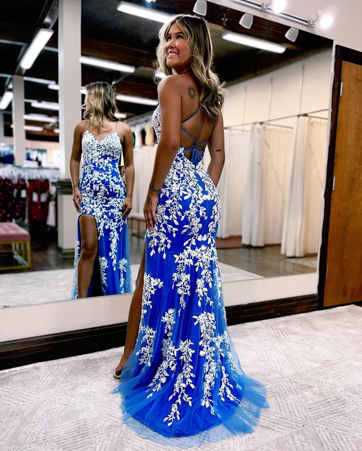 Cute Mermaid V Neck Blue Tulle White Lace Long Prom Dresses with Slit        fg2354