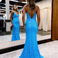 Charming Mermaid V Neck Blue Lace Sequins Long Prom Dresses       fg2346