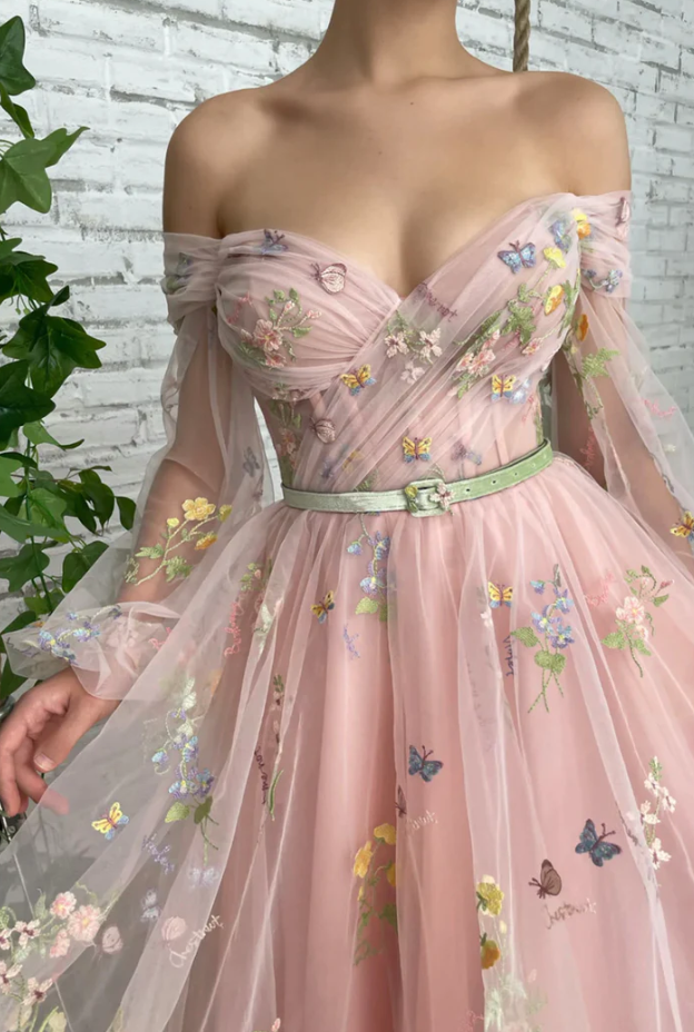 Pink tulle lace short prom dress off shoulder evening dress     fg1497