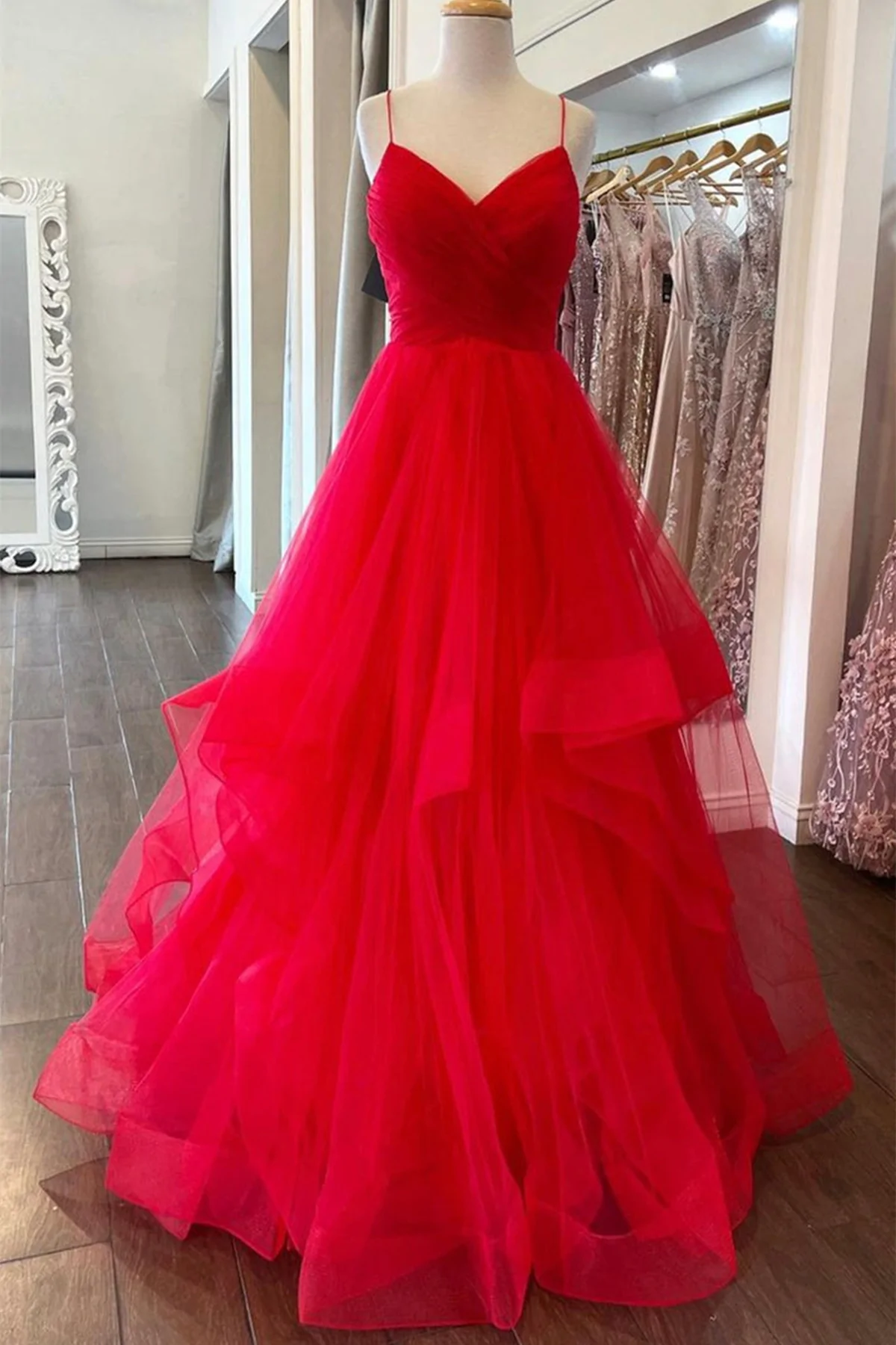 Puffy Red Tulle V Neck Long Prom Dresses, V Neck Red Formal Dresses, Red Evening Dresses    fg2488